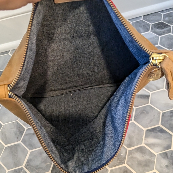 Clare V. The Foldover Clutch Camel Americana Stripe Leather Handbag - Picture 8 of 9